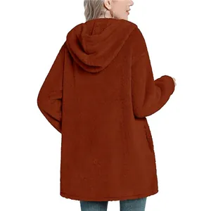 Detailed back view of women's plush hooded cardigan jacket in a warm terracotta color