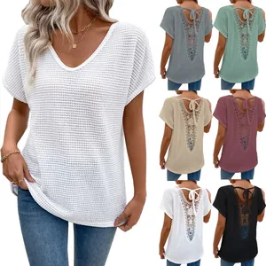 Women Plus Size V-Neck Short Sleeve T-Shirt Back Lace Patchwork Hollow Out Strappy Top Solid Color Loose Pullover Summer Clothing