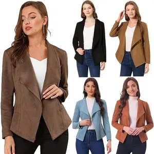 Veste Courte en Daim pour Femmes Mode Décontracté Revers Manches Longues Ouvert Slim Top Couleur Unie Veste de Banlieue