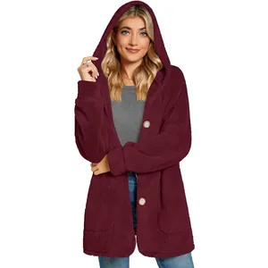 Cozy burgundy plush hooded cardigan featuring large buttons and front pockets detail