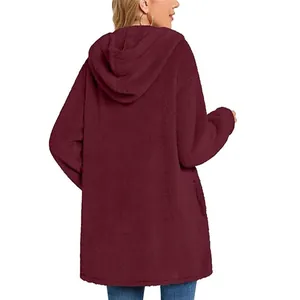 Back view of a cozy burgundy plush hooded cardigan for women with soft texture