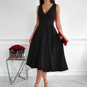 Elegant black sleeveless V-neck midi evening dress for women casual and formal wear.