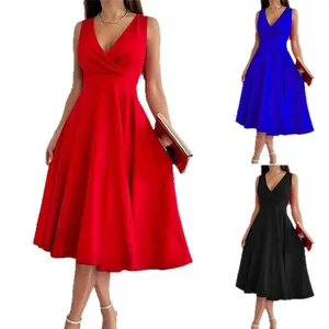 Elegant sleeveless V-neck A-line midi dress in red, blue and black for cocktail parties.