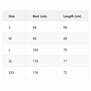 Detailed size chart for women's round neck blazer jacket showing chest and length in cm