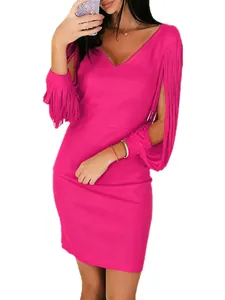 Detail view of vibrant pink V-neck mini dress with elegant long sleeve fringe