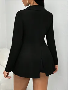 Back view detail of a black long-sleeved blazer featuring a stylish back slit
