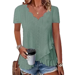 Green women's short sleeve V-neck top with scalloped edge and eyelet embroidery