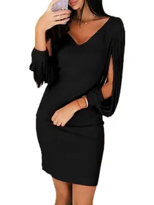 Detailed view of black V-neck party dress featuring elegant fringe sleeves