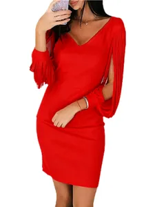 Elegant red V-neck mini dress with unique fringe sleeve details for party wear