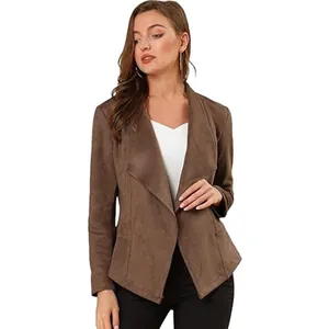 Veste élégante en similicuir marron pour femme avec col à revers, coupe décontractée