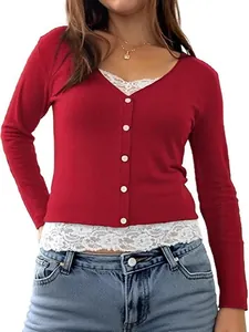 Elegant red long sleeve V-neck top featuring white lace patchwork and decorative buttons
