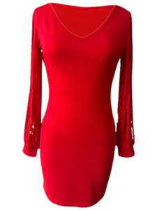 Detailed view of a red V-neck mini bodycon dress featuring elegant long tassel sleeves