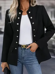 Detail of women's crew neck black jacket with decorative silver buttons and faux pockets