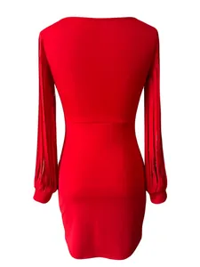Detailed back view of an elegant red long-sleeve mini bodycon dress with fringe sleeves