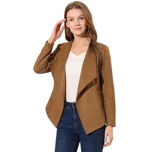 Veste élégante en faux daim marron pour femme avec revers et manches longues
