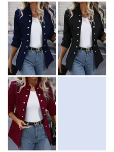 Women Elegant Round Neck Metal Buttons Blazer Cotton Blend Slim Fit Long Sleeve Commute Suit Jacket Top Solid Color