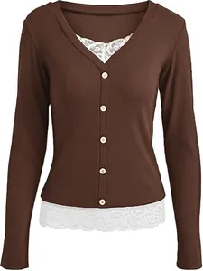 Detailed view of brown ribbed long-sleeve top with elegant white lace hem and neckline