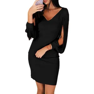 Elegant black V-neck bodycon mini dress featuring stylish fringe tassel sleeves for parties