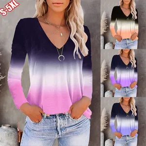 Top casual da donna a maniche lunghe con scollo a V e sfumatura di colore viola e rosa