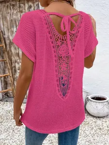 Women's pink hollow lace-up short sleeve top with delicate back crochet detailing