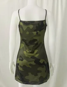 Detailed back view of a sexy camouflage print spaghetti strap bodycon mini dress for women