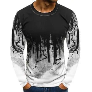 Close-up of men's long-sleeve T-shirt with artistic black ink drip print