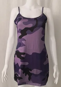 Detailed view of a trendy purple camouflage print bodycon camisole dress with thin straps.
