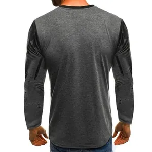 Back view detail of men's heather gray long sleeve t-shirt with black camo print details