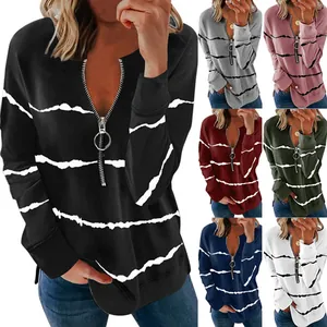 Damen Langarmshirt mit Reißverschlusskragen und gestreiftem Muster in mehreren Farben