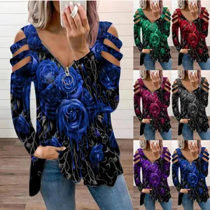 Women's long sleeve floral cold shoulder top with V-neck zipper and blue rose print