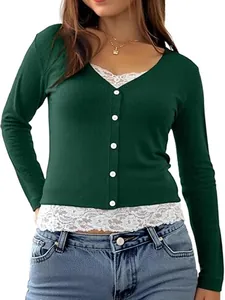 Stylish dark green long sleeve ribbed V-neck top featuring white lace trim and button detail