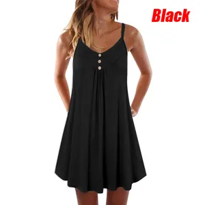 Front view of a black summer sleeveless swing mini dress featuring button details