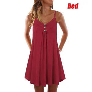 Close-up detail of a red sleeveless summer dress with elegant buttoned V-neckline