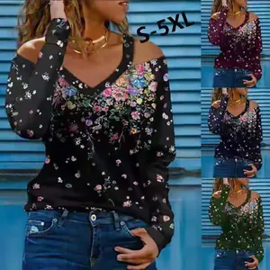 Top elegante da donna a maniche lunghe con stampa floreale e scollo a V taglie S-5XL