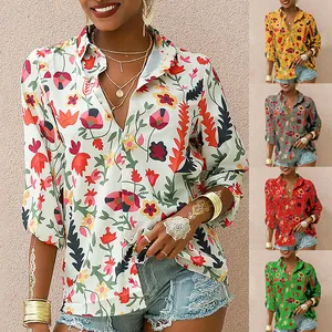 Stylish women's floral print button-down shirt available in five vibrant colors