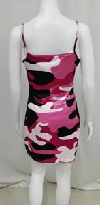 Back view of a pink camouflage print bodycon camisole mini dress on a white mannequin.