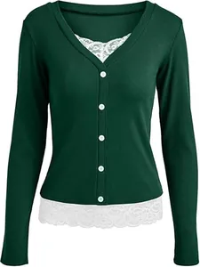 Elegant dark green long sleeve V-neck top featuring white lace trim and front buttons
