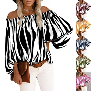 Off-shoulder zebra print blouse for women with puff sleeves in various colors