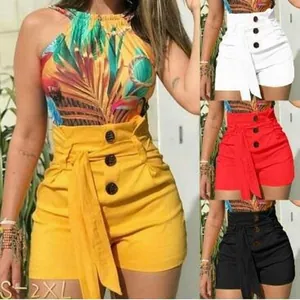 High-waisted women's summer shorts with buttons and tie-waist belt in multiple colors