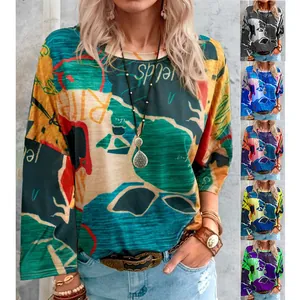 Women's abstract print long sleeve shirt with multiple color variants display collage