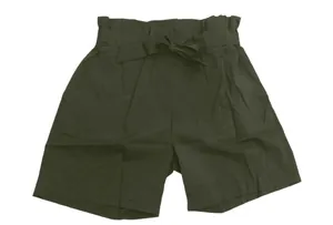 Close-up of army green high-waisted shorts with ruffled paper bag waist and tie belt.