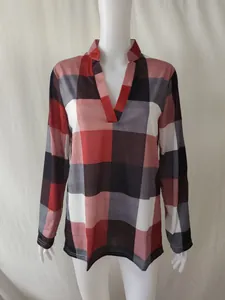 Casual red and black plaid long sleeve shirt with V-neck for women autumn fashion