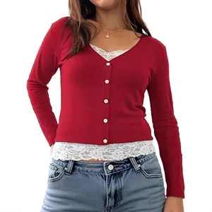 Women's red long-sleeved V-neck ribbed top featuring elegant white lace trim fake two-piece