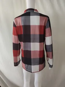 Back view of a red and white plaid long-sleeve shirt displayed on a white mannequin