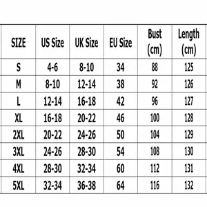 Size chart for women's printed suspender dress showing US, UK, and EU measurements.