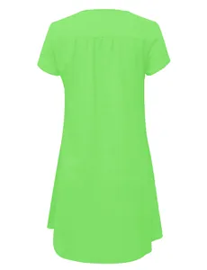 Detailed back view of neon green short sleeve woven dress with pleated yoke design