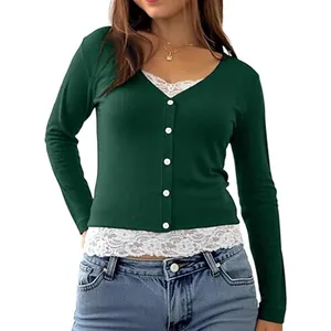 Women's casual dark green long sleeve V-neck lace patchwork fake two-piece top