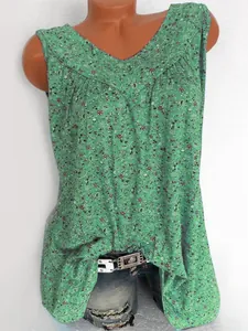 Casual zomerse mouwloze top met V-hals voor dames met een groen bloemenpatroon