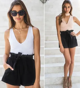 Elegant high waisted paperbag shorts featuring an adjustable bow tie belt for women