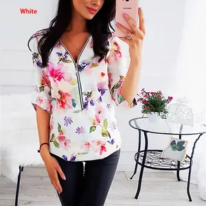 Elegante Damenbluse mit Blumenmuster, V-Ausschnitt, Reißverschluss und halben Ärmeln